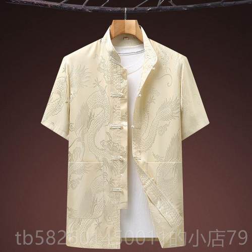 高档装新中式唐装中老年人夏冰季丝短袖衬男衫套龙纹爷爷装汉服太