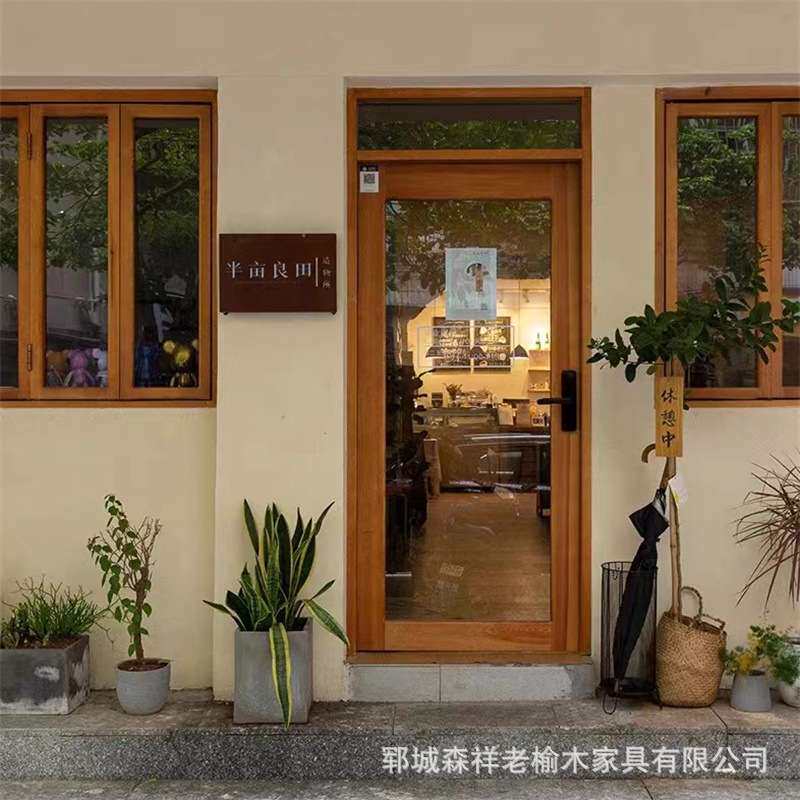 老榆木民宿甜品咖啡店折叠推拉窗玻璃门实木上下折叠窗花店店铺门