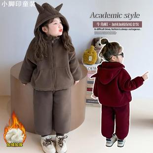 2025童加绒套装2025新款冬季女宝宝恶魔角外套加厚休闲洋气可外穿