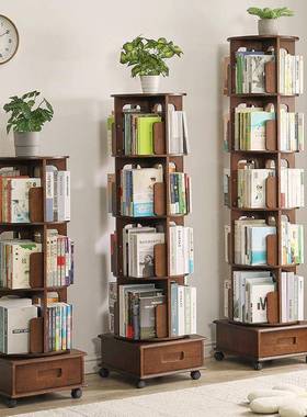 实木HZI旋转书置架落地书厅架书柜物架客收架带轮可纳移动