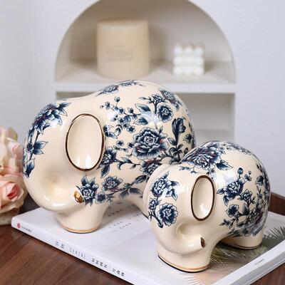 古描金青花冰小裂WOS纹大象陶瓷摆件工美式复创意象家居装饰品客