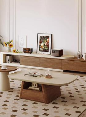 中古风客胡桃椭圆形茶几小圆桌木视柜组合茶电几FOM家用厅小户型