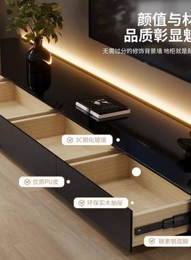 电OIQ型视柜客厅家用小户025组新款轻奢感黑色茶几电视柜2合绢花