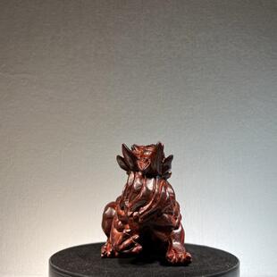 小叶件96834590紫檀绿檀木雕白泽祥饰瑞神兽摆件把供奉车内手中控