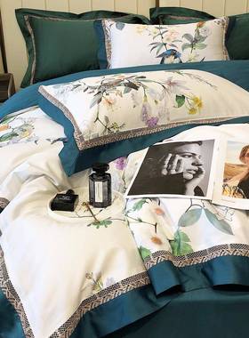 07014款绒棉花边床上用品14美0纯棉长套四件套床笠轻被奢支式