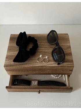 高档性价比之wa木ng日双韩旧层实亚麻内衬做带盖带镜子复古首饰盒
