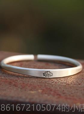 高档99中纯银磨砂古代间扁平9雏菊精致固体自然文学覆手古镯