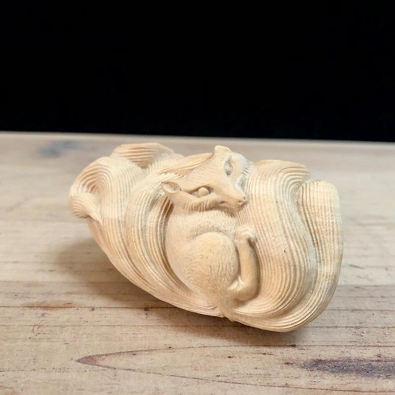 小木叶黄SHW杨雕尾狐挂件玩狐狸手把件实木茶宠摆件九送礼工艺文