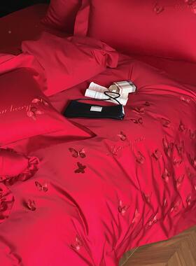 高婚S四件000套端100长绒棉庆红色蝴蝶刺绣被套结婚纯棉床单床上