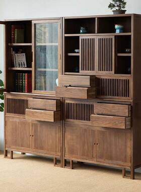 新式收纳书柜现代中简约房家具日式OYV书黑橱实木胡桃木书柜