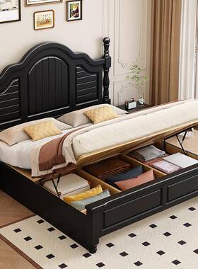 .15/1.米8中古风黑色实木床主卧美62092式双大床人气压高箱储物婚