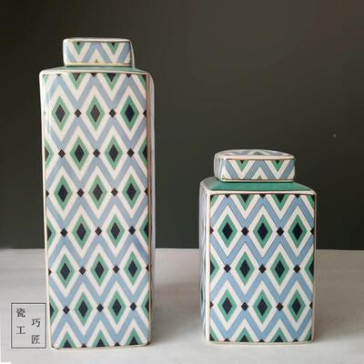 花欧式美式描陶瓷板装饰罐摆件客厅电JCL金视柜书柜样间瓶手绘瓷