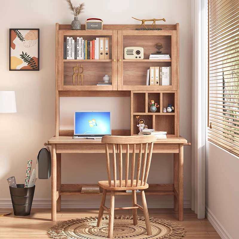 白蜡木全实木书桌学生家用学习写字1.4m电脑桌书架柜一体桌椅套装