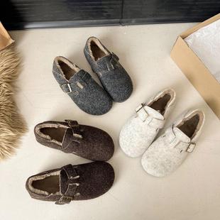 包头半拖外穿平底燕麦色豆豆鞋 保暖又好看毛毛鞋 加绒秋冬毛呢棉鞋