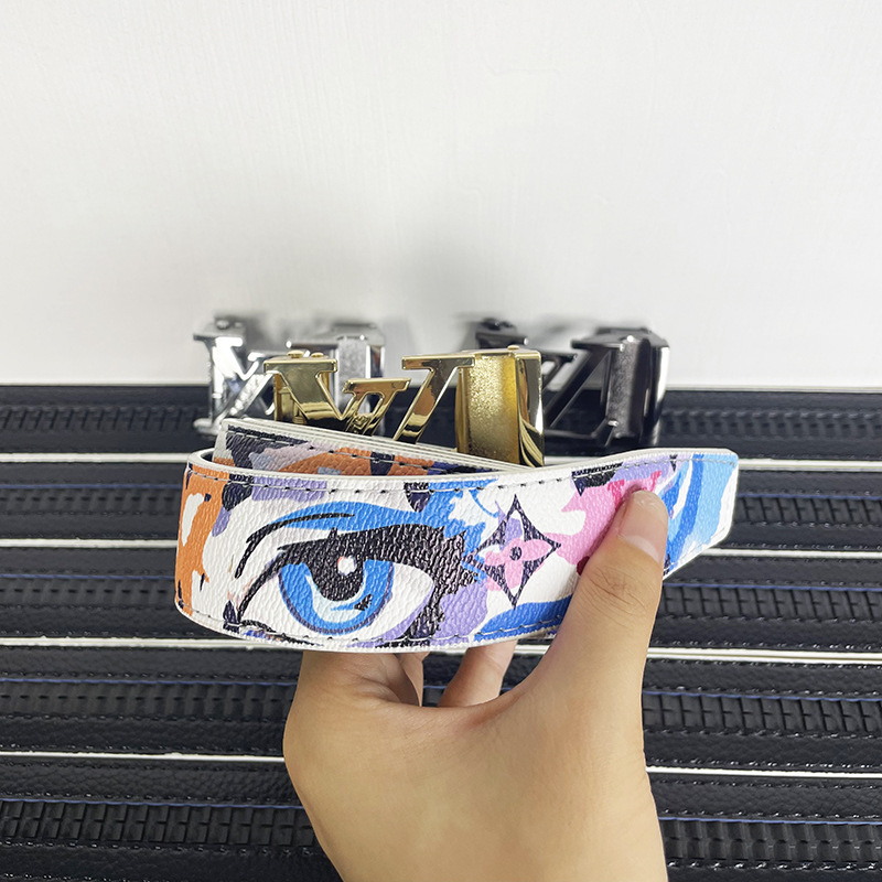 新款男士涂鸦皮带字母自动扣