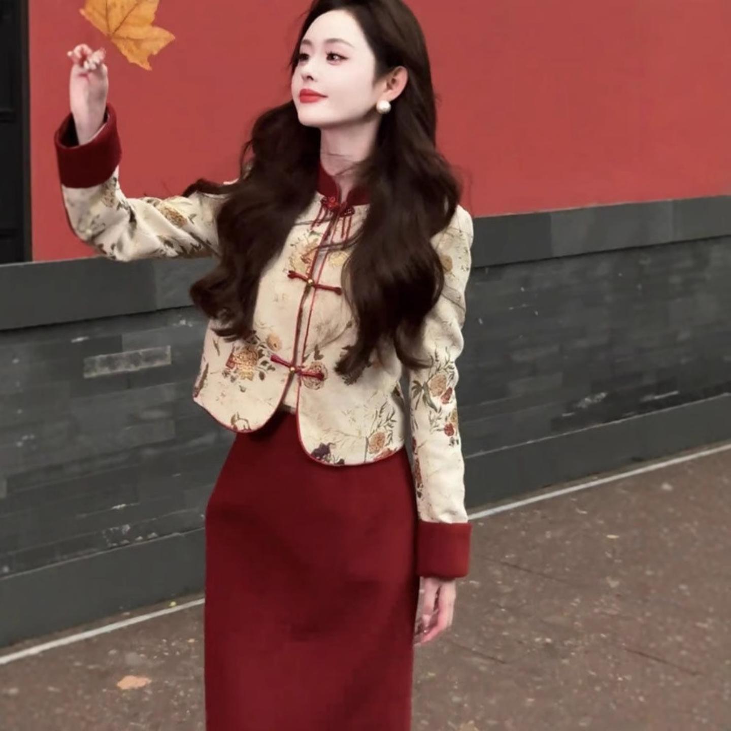 新中式外套女秋冬新款撞色印花