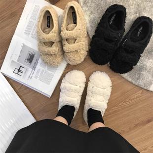潮外穿加绒保暖棉鞋 秋冬新款 白色羊羔毛魔术贴毛毛鞋 新品