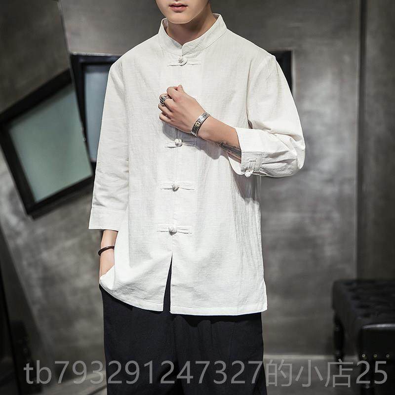 高档唐装男季款春中国风中式七功分袖衬衫中居老年男老头练服禅服