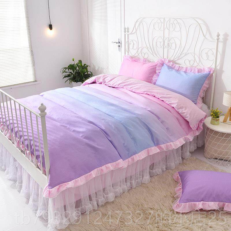 高档in公主风全棉s床裙式四件套少心星空女变渐蕾丝花边纯棉床上