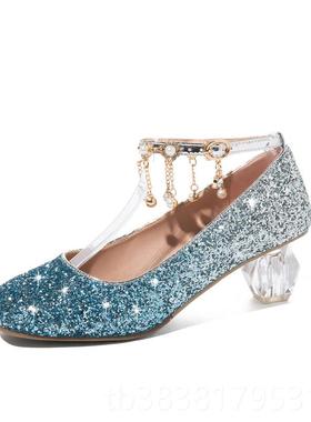 新款春天女孩高跟鞋小女孩粉色水鞋台表演亮片儿t童晶鞋儿童主公