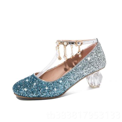 新款春天女孩高跟鞋小女孩粉色水鞋台表演亮片儿t童晶鞋儿童主公