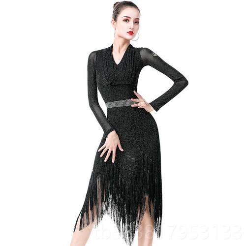 高档环雅拉丁连衣练裙专业比赛训服流苏练功服人性成感伦巴表舞演