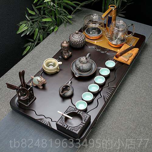 高档茶木实木乌茶盘茶具家用简单紫砂功夫杯全合套全自动玻璃四一