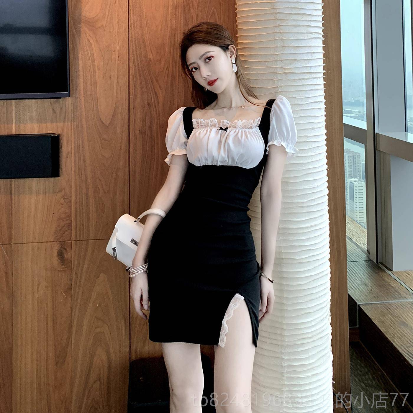 高档浴足疗技师工作制服女短裙洗桑拿浴会所足服性感方领撞色连衣