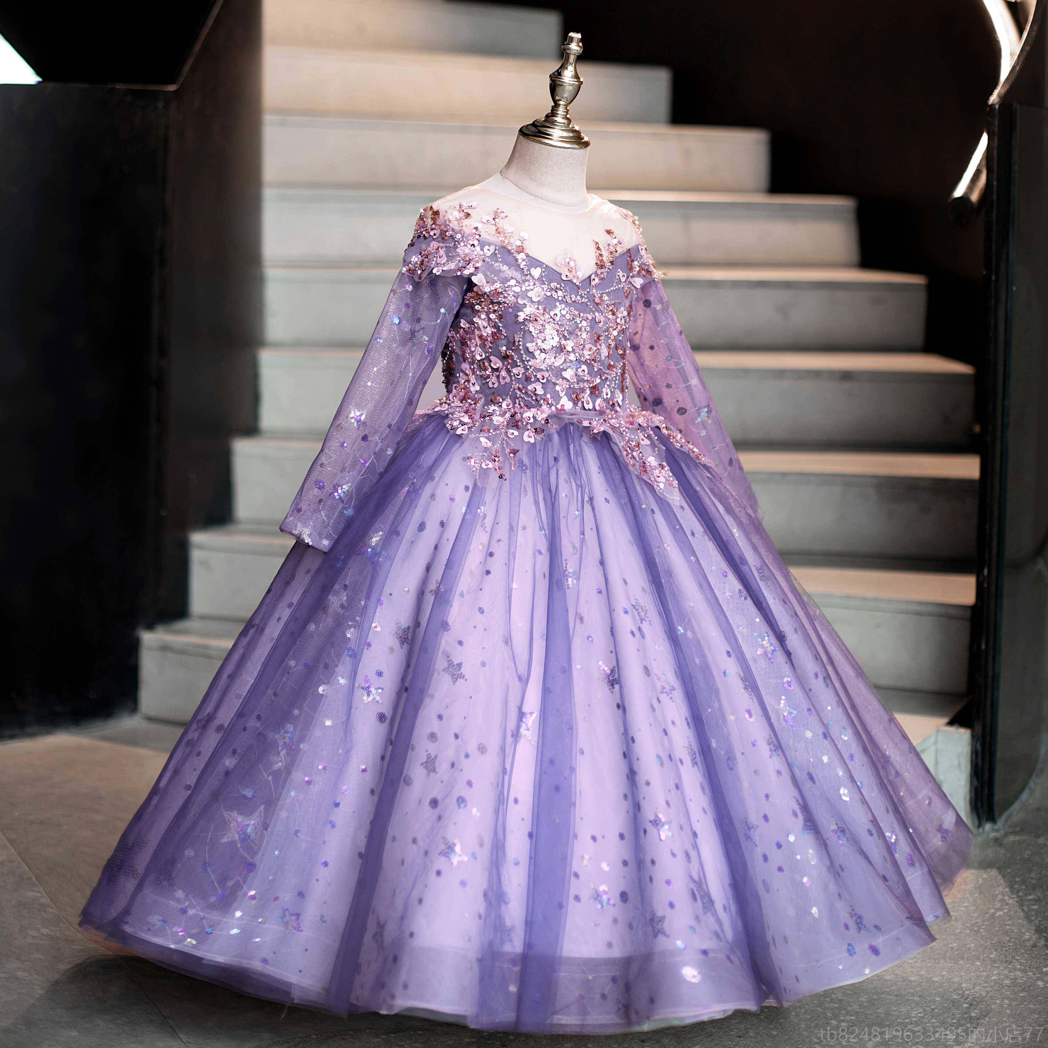 高档儿童紫色礼服女童高公主裙宝宝生日花童主持钢琴出服蓬蓬端人