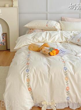 高档女心奶油色小花in全棉水洗棉件套纯棉被s套刺绣裸少睡四床上