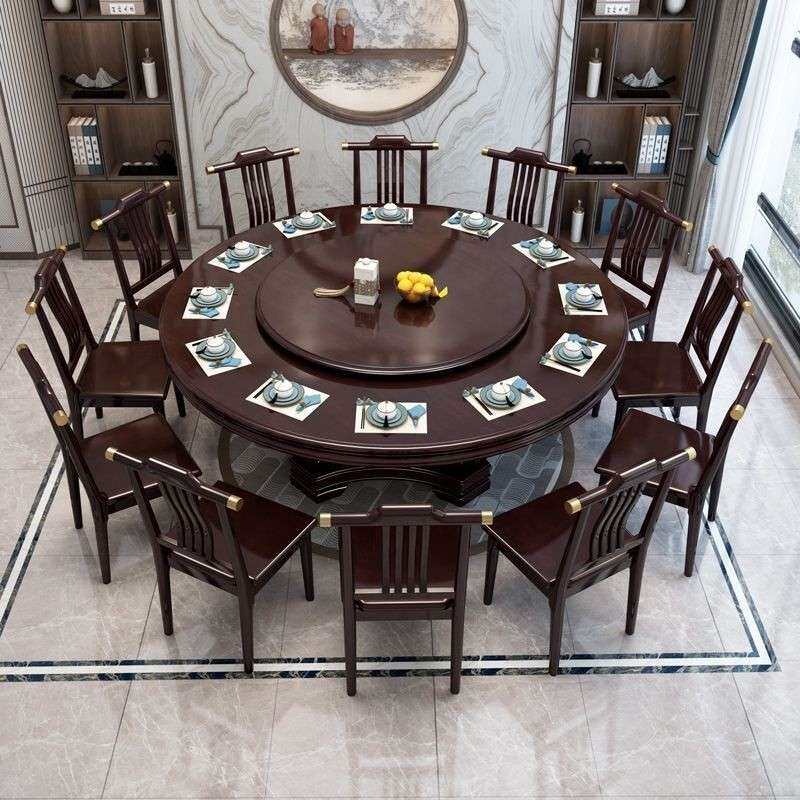 现代中式简约圆桌餐桌椅子带转盘家用饭桌圆形桌子实木餐桌椅组合