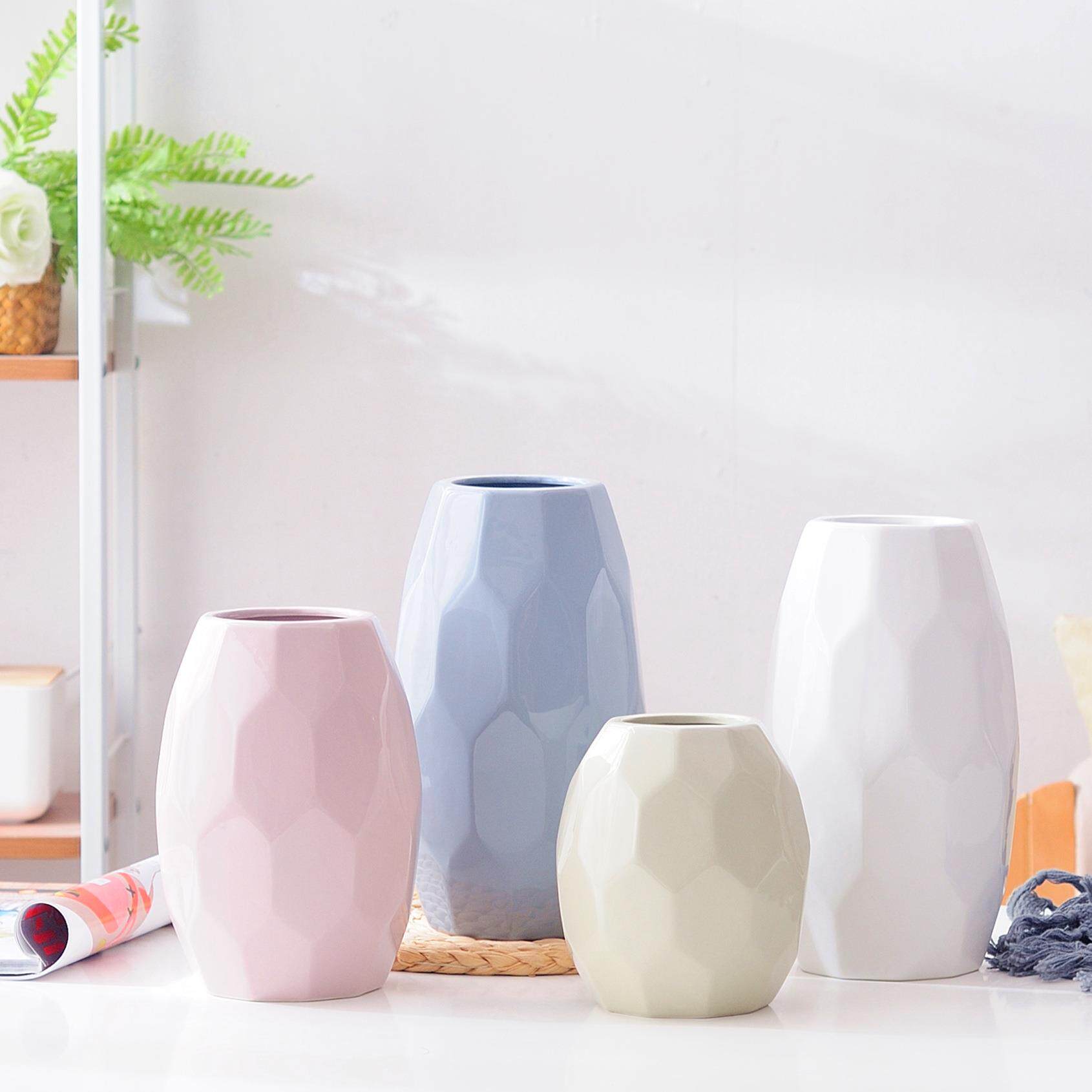 北欧几何抽象菠萝简约现代白色陶瓷花瓶花器三件套工艺品摆件