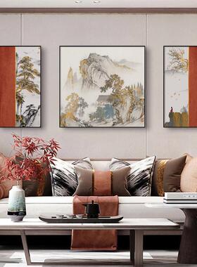 玉楼金阁 新中式客厅背景墙装饰古代建筑风景壁画国画山水三联画