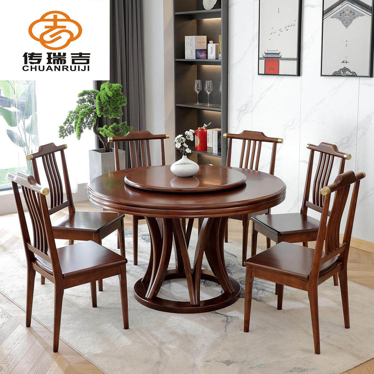实木圆桌餐桌椅组合金丝檀木圆台带转盘大桌现代中式家用饭店圆桌