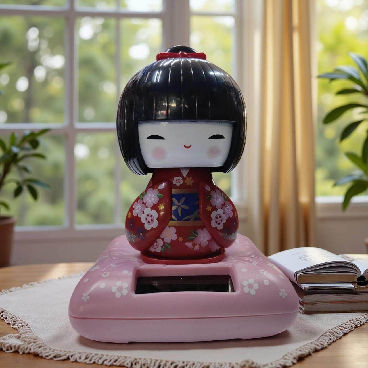 创意太阳能舞姬摇头点头娃娃歌姬车内装饰摆件可爱女人和服公仔