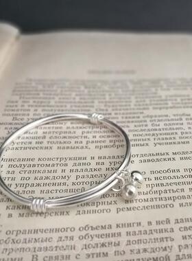 正品秋叶夏纯银手镯女999银心推拉简花约铃铛细镯子定制实刻足字