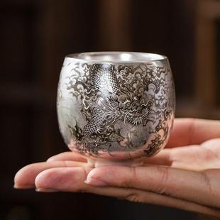 银杯子真银包银质手绘墨龙主人杯茶杯茶盏陶瓷鎏养生酒茶杯