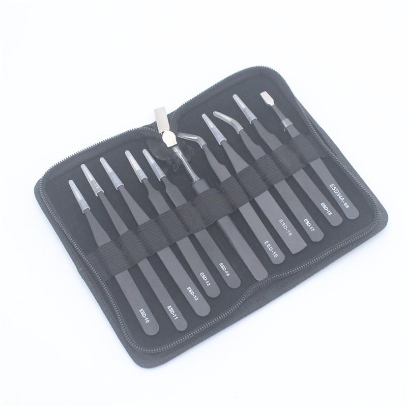 黑色镊子套装 皮包布袋11件套 不锈钢镊子 ESD镊子套装