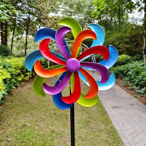 景区布置庭院公园装饰金属道具户外铁艺多彩六色小风车儿童玩具