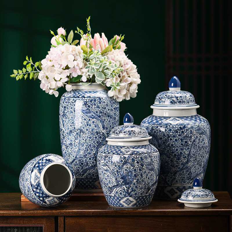 喜雀鸟陶瓷器青花瓷花瓶古典大肚罐家居装家饰摆件花插新中式软装