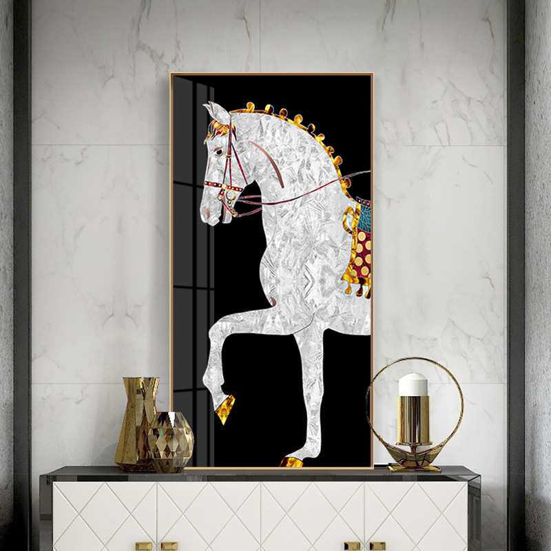 轻奢后现代简约电视柜玄关走廊过道竖版挂画高档别墅马轻奢装饰画