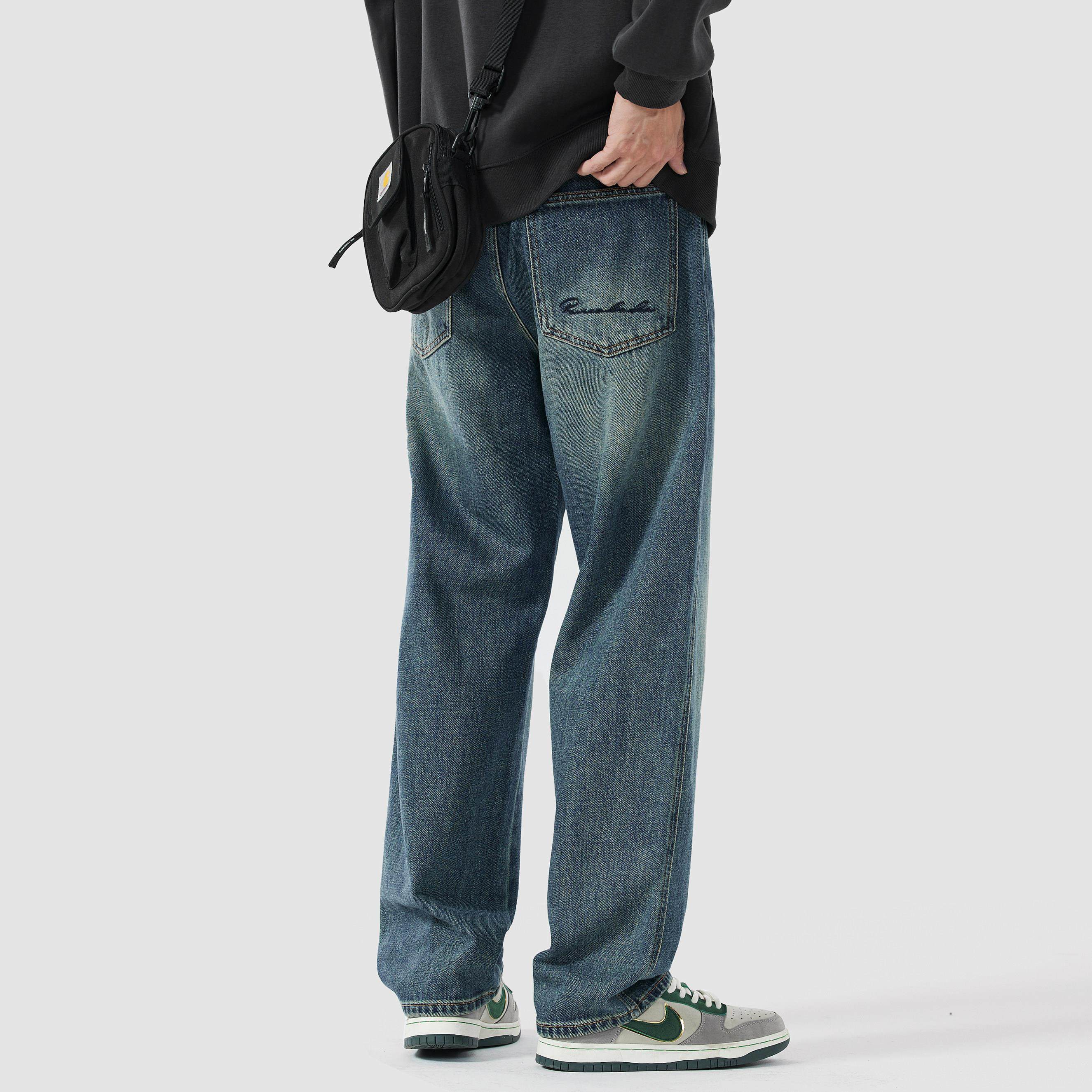 NINPURE重磅石磨洗 加绒加厚美式复古牛仔裤男宽松休闲直筒长裤子