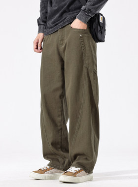 August美式潮牌加绒弯刀牛仔裤子男款秋冬宽松直筒男士休闲长裤男