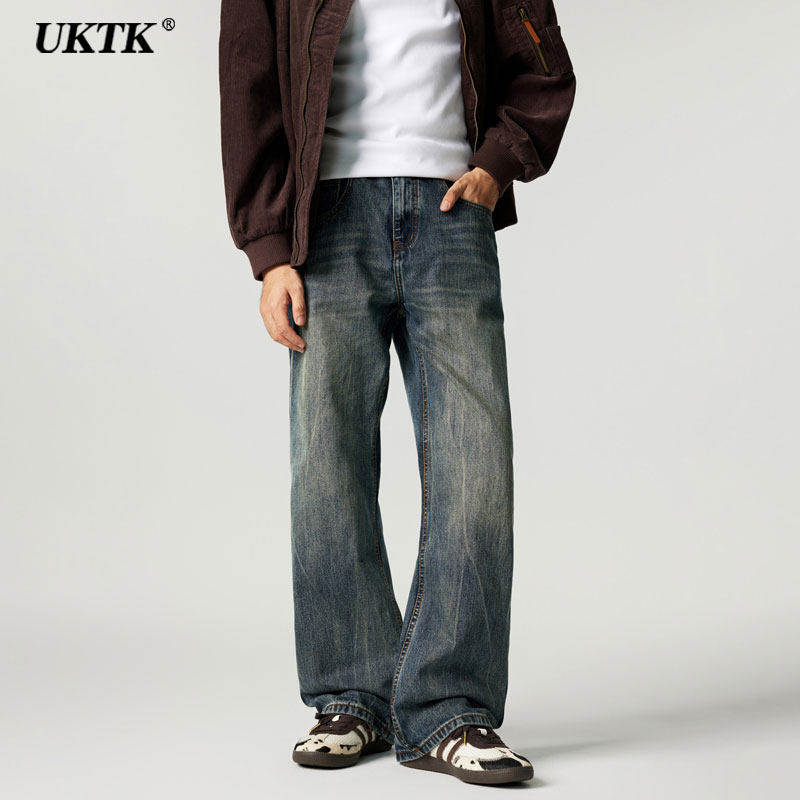 UKTK男牛仔裤2026新款美式加绒复古宽松微喇长裤春秋季百搭直筒裤