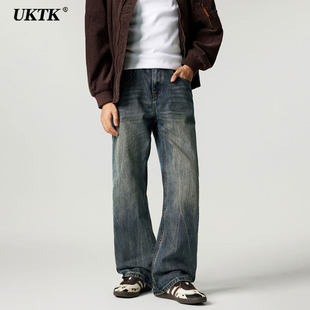 UKTK男牛仔裤2026新款美式加绒复古宽松微喇长裤春秋季百搭直筒裤