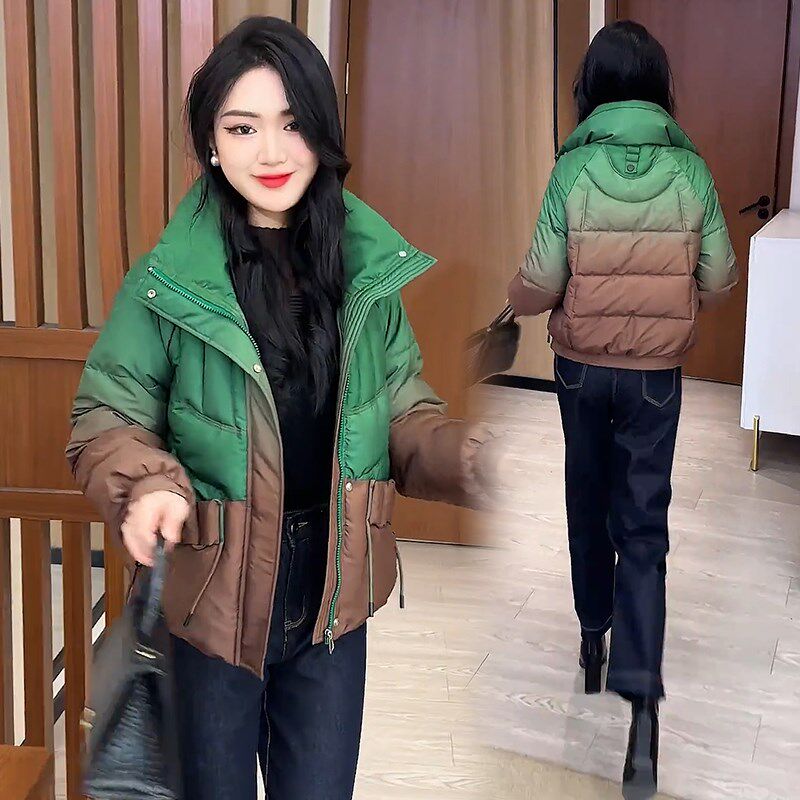 冬季时尚洋气棉衣棉服女2024新款爆款欧货渐变色立领保暖棉袄外套