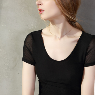 大码 黑色圆领网纱t恤女夏装 内搭紧身半袖 纱衣蕾丝打底衫 上衣 短袖