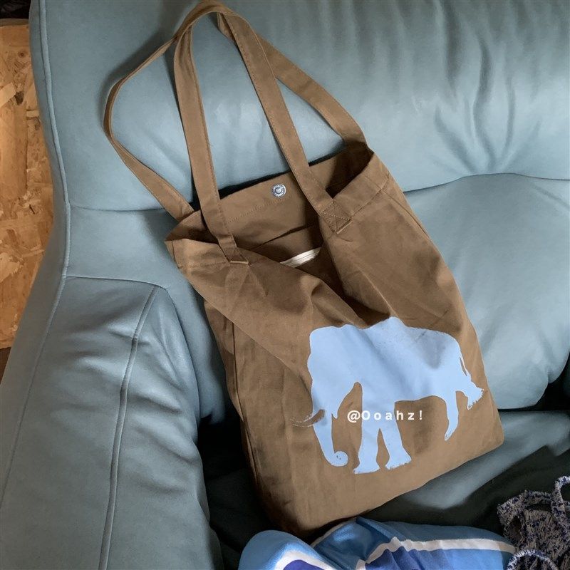 蓝色大象 咸菜棕小众设计韩国帆布包 松弛感可爱象百搭单肩购物袋