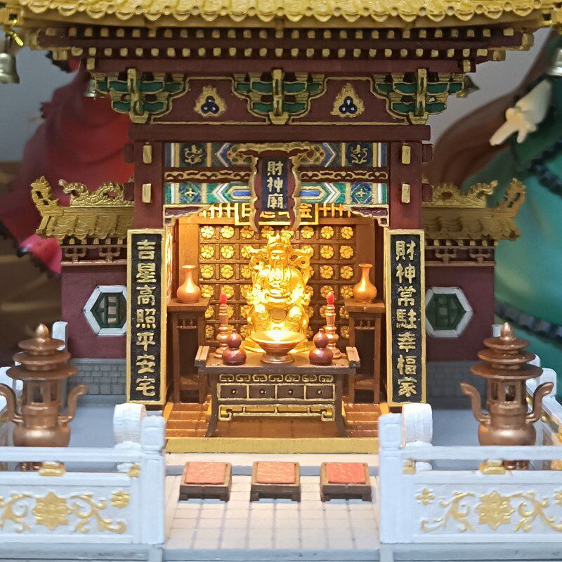 迷你桌面财神庙木制拼装古建筑模型工位神器全内构灯光抽屉DIY