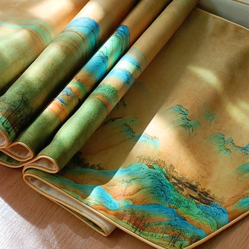 中式千里江山风景图桌旗茶座桌布桌垫电视柜枱布卧室床旗床尾布